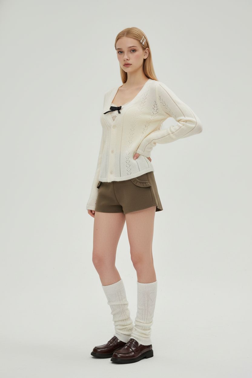 V-Neck Crochet Hollow Knit Cardigan with Lace Trim