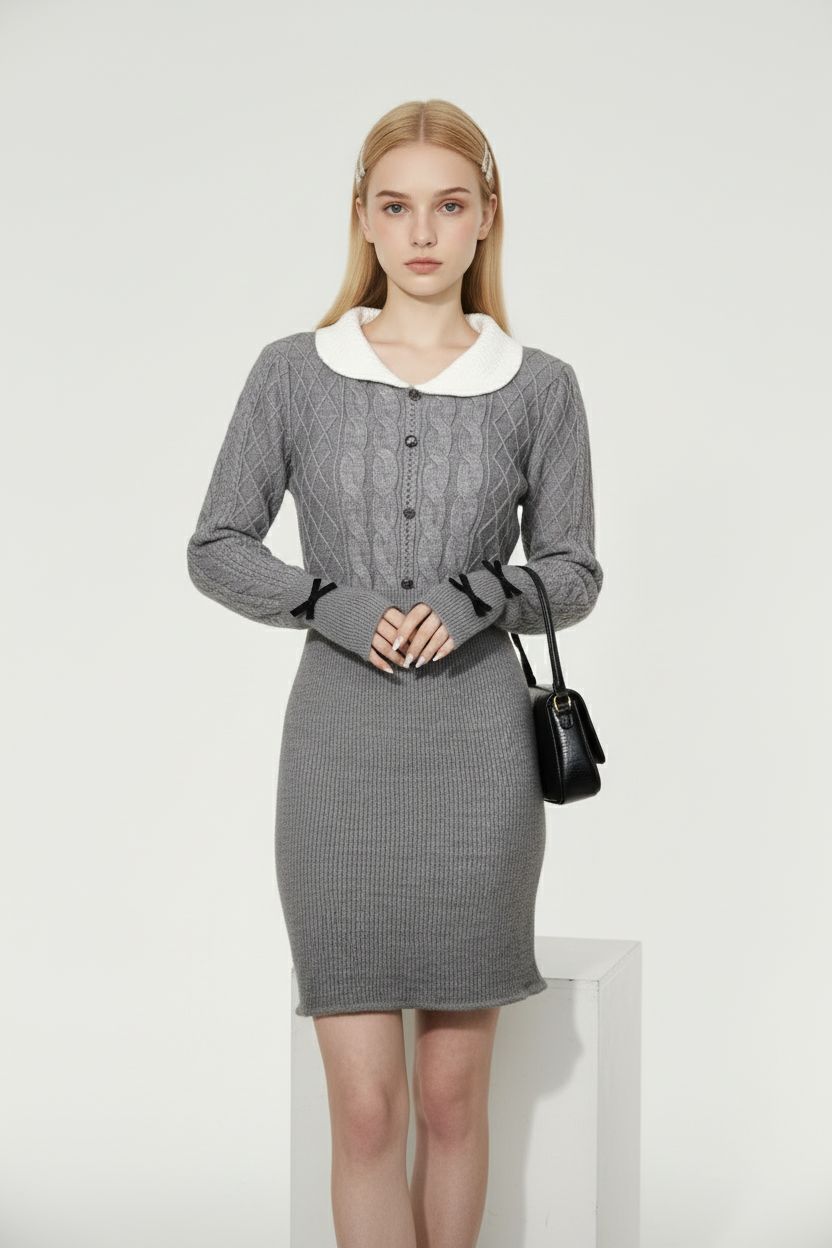 Gray Peter Pan Collar Knit Bodycon Dress