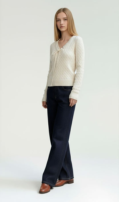 White Cable Knit Sweater with Ruffle Trim