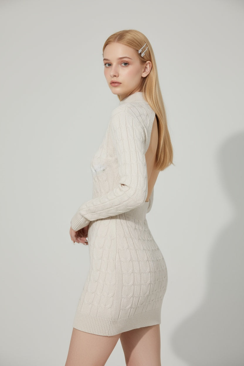 High-Neck Cable Knit Dress with Low Back
