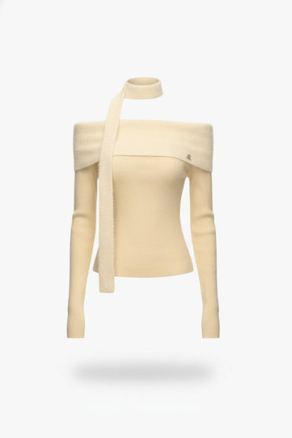 Vintage Off-Shoulder Knit Top – Long Sleeves