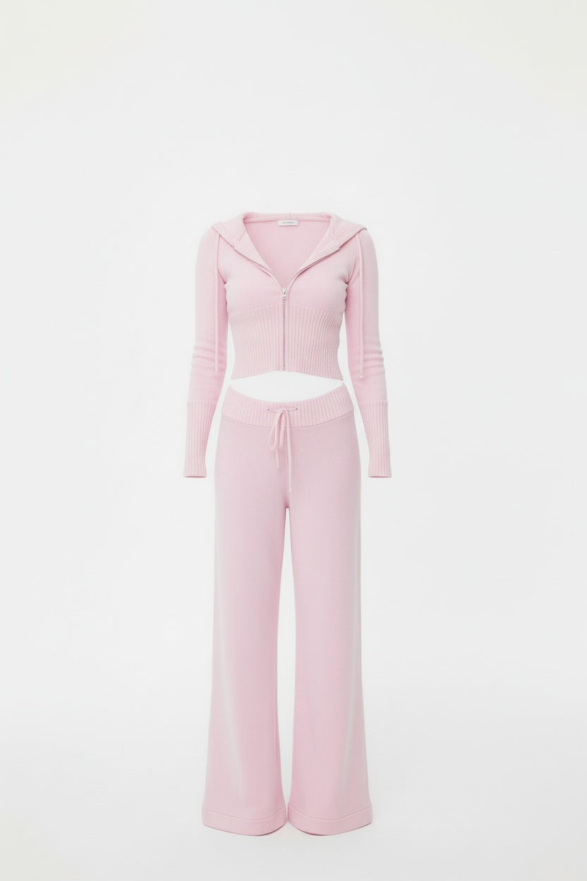 Pink Hooded Knit Set with Wide-Leg Trousers