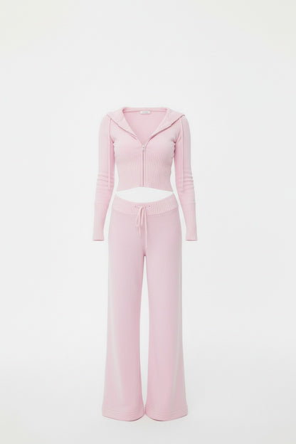 Pink Hooded Knit Set with Wide-Leg Trousers