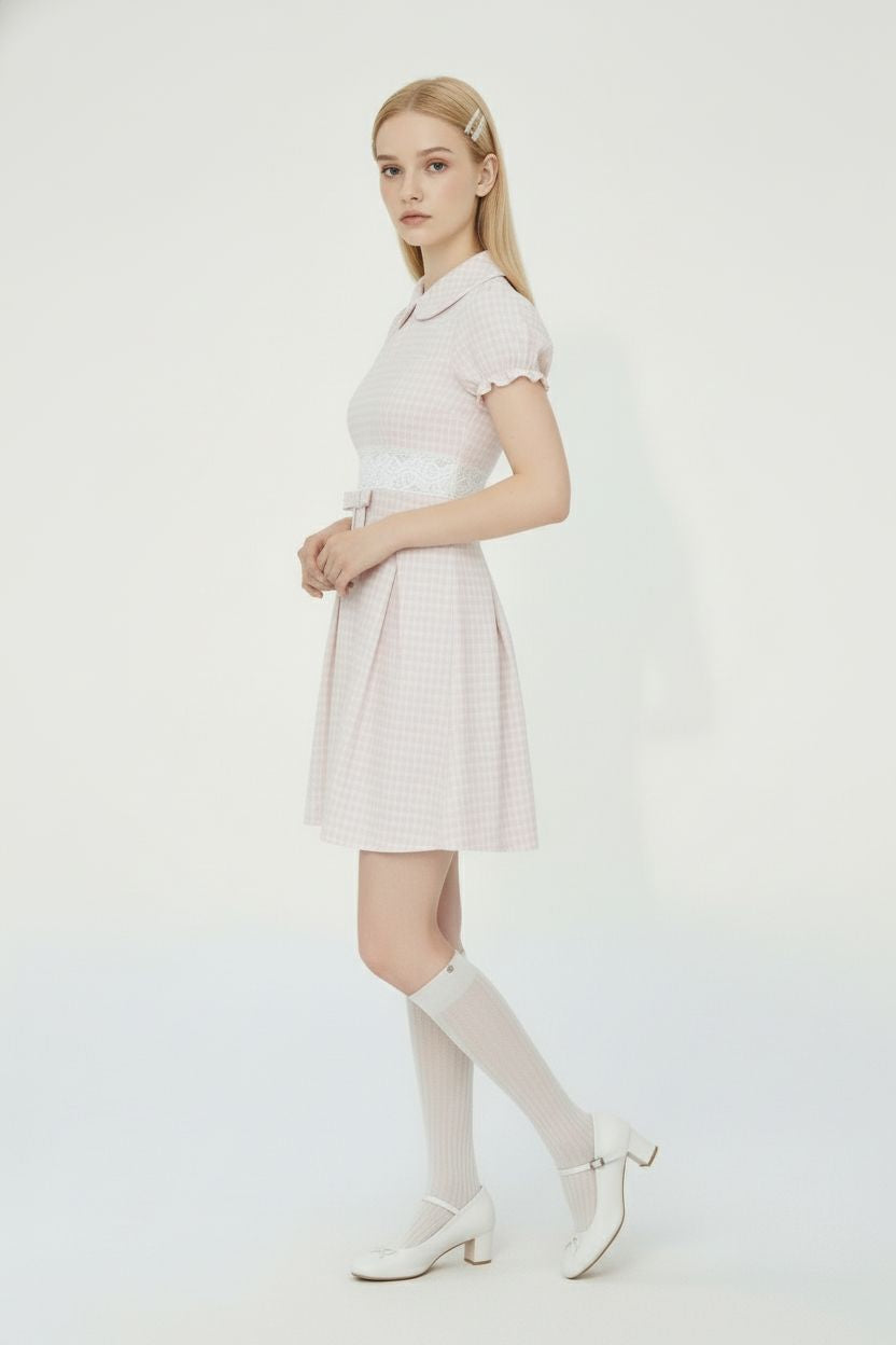 Pink French Doll-Collar Short-Sleeve Dress