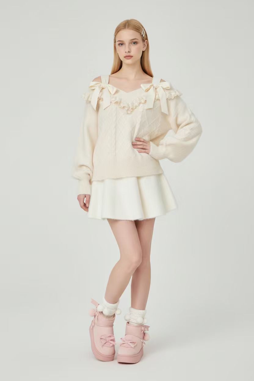 Cute Lace-Trim Cable Knit Off-Shoulder Sweater with Cami