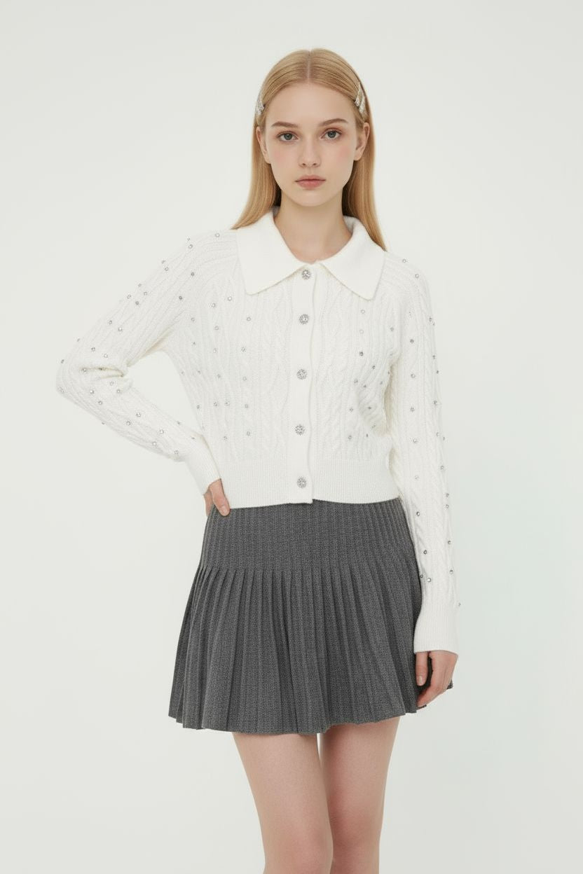 Rhinestone Polo-Collar Knit Cardigan & High-Waisted Pleated Skirt Set