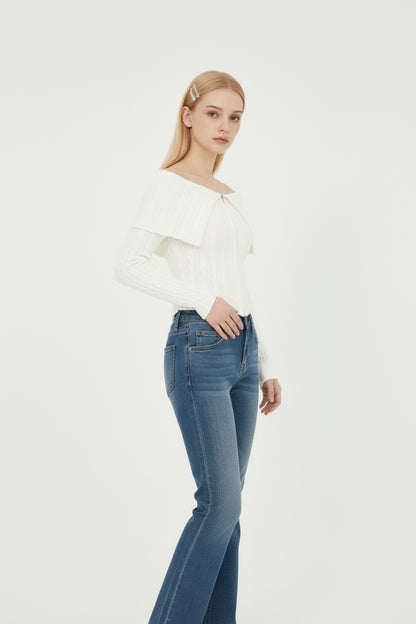 Chunky Cable Knit Sweater with Wide Notch Collar