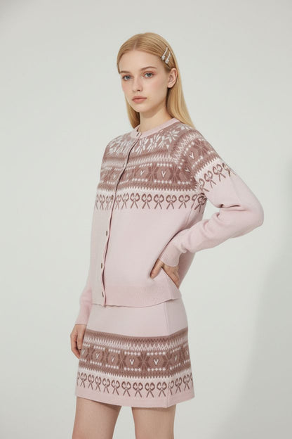 Pink Jacquard Knit Sweater & Skirt Set