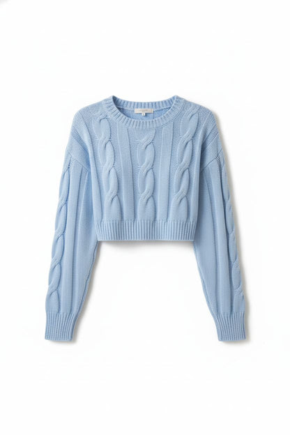 Loose Round-Neck Cable Knit Cropped Sweater