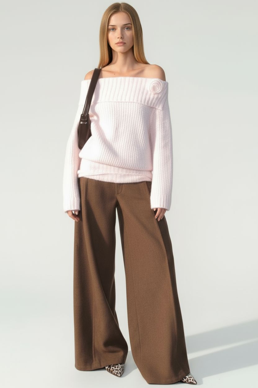 Off-Shoulder Rose-Decor Knit Sweater