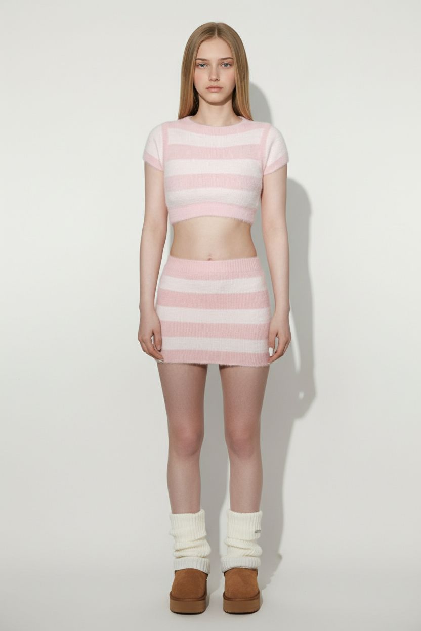 Color-Block Striped Mohair Cutout Top & Bodycon Skirt Set