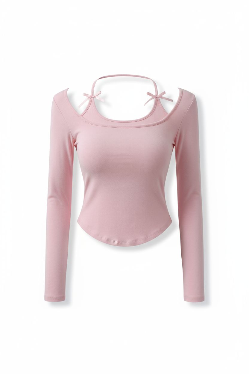 Halter Tie-Up Layered-Look Long-Sleeve Top