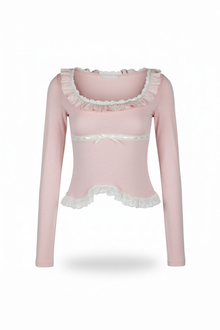 Pink Square-Neck Top with Ruffle Trim