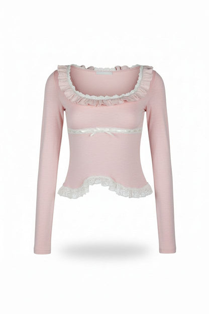 Pink Square-Neck Top with Ruffle Trim