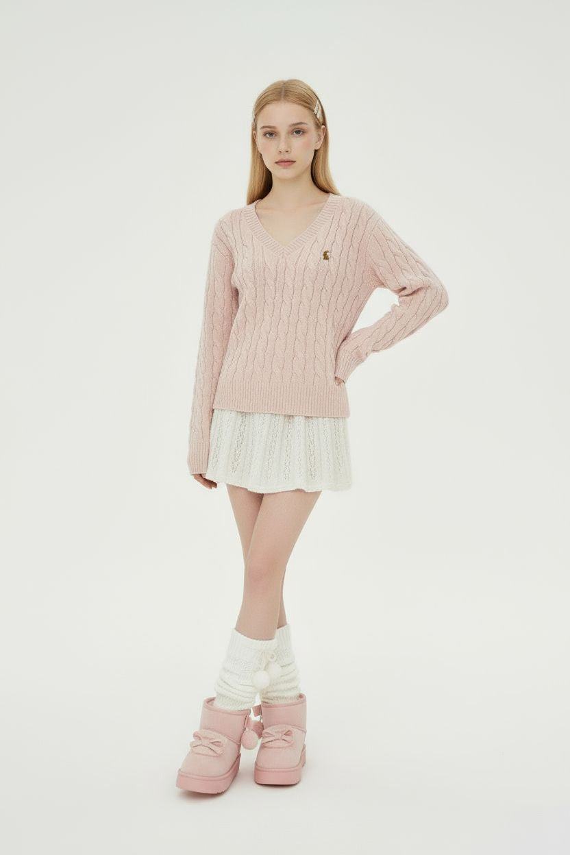 V-Neck Cable Knit Sweater