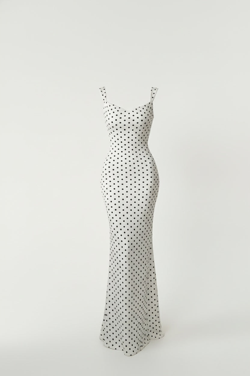 Bow-back black polka dot maxi dress