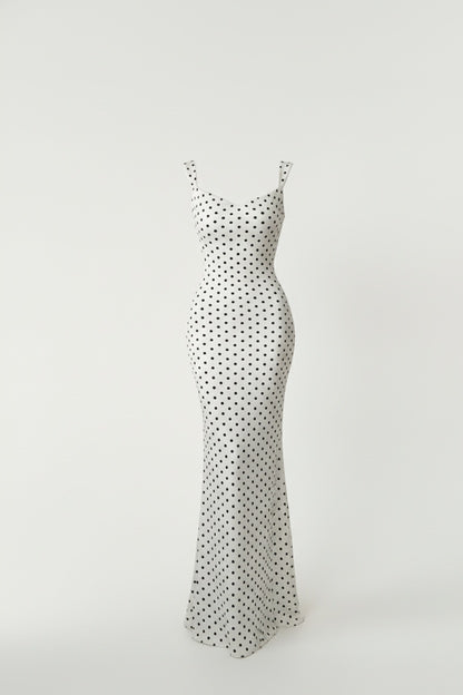 Bow-back black polka dot maxi dress