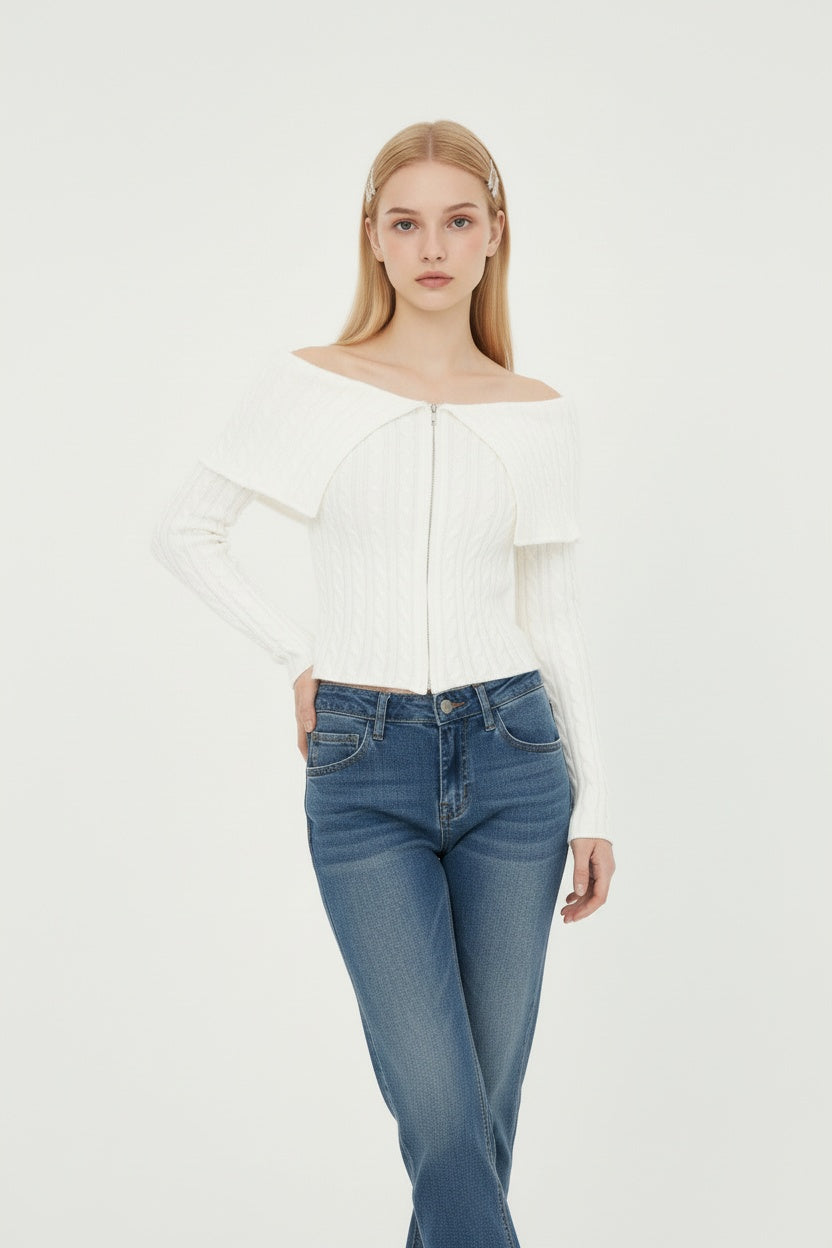 Chunky Cable Knit Sweater with Wide Notch Collar