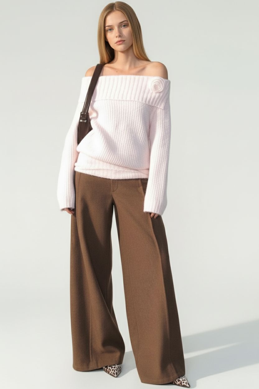 Off-Shoulder Rose-Decor Knit Sweater