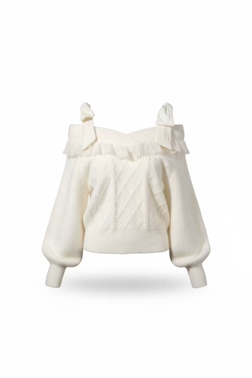 Cute Lace-Trim Cable Knit Off-Shoulder Sweater with Cami