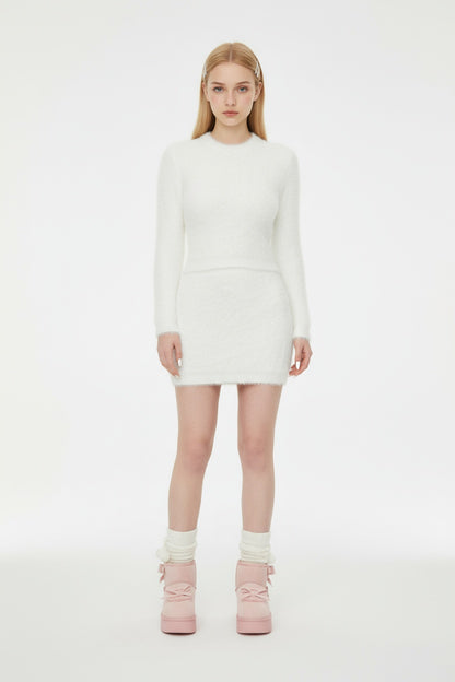 Fuzzy Mohair Blend Twin Set with High-Waist Wrap Skirt