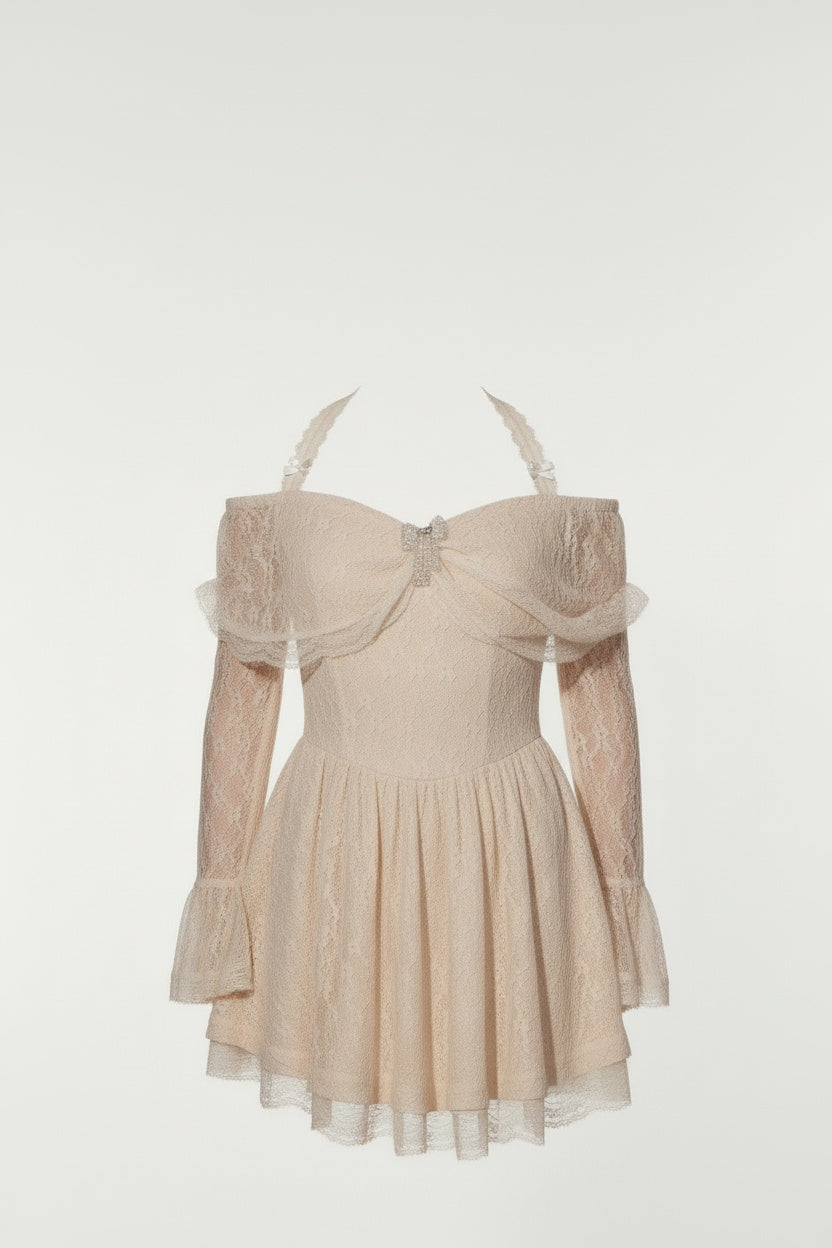 Off-Shoulder Lace Halter Neck Dress