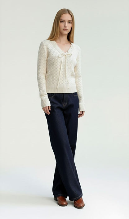 White Cable Knit Sweater with Ruffle Trim