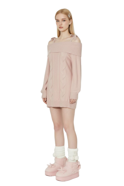 Vintage Pink Knit Waist-Cinched Sweater Dress