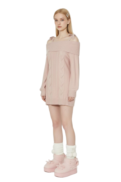 Vintage Pink Knit Waist-Cinched Sweater Dress