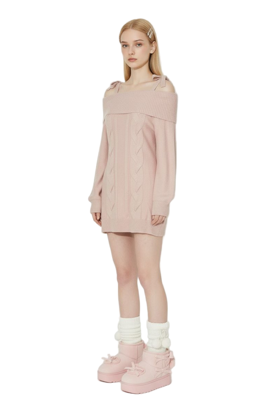 Vintage Pink Knit Waist-Cinched Sweater Dress