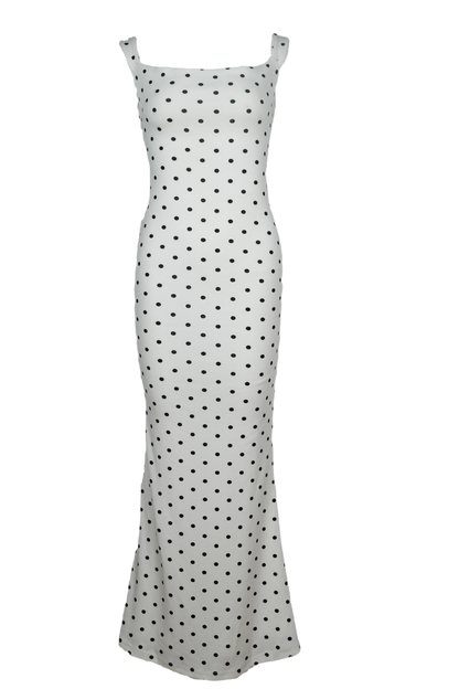Bow-back black polka dot maxi dress