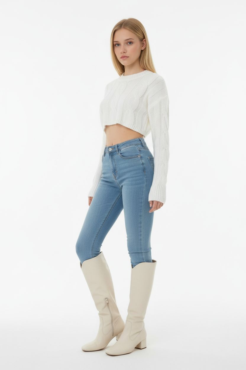 Loose Round-Neck Cable Knit Cropped Sweater