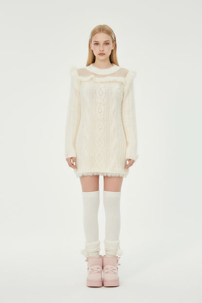 White Wool-Knit Sweater Dress