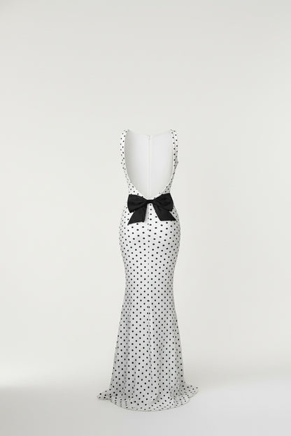 Bow-back black polka dot maxi dress