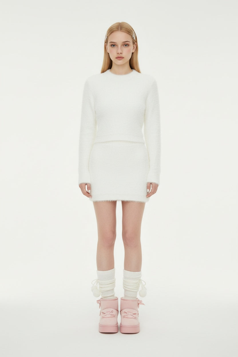 Fuzzy Mohair Blend Twin Set with High-Waist Wrap Skirt
