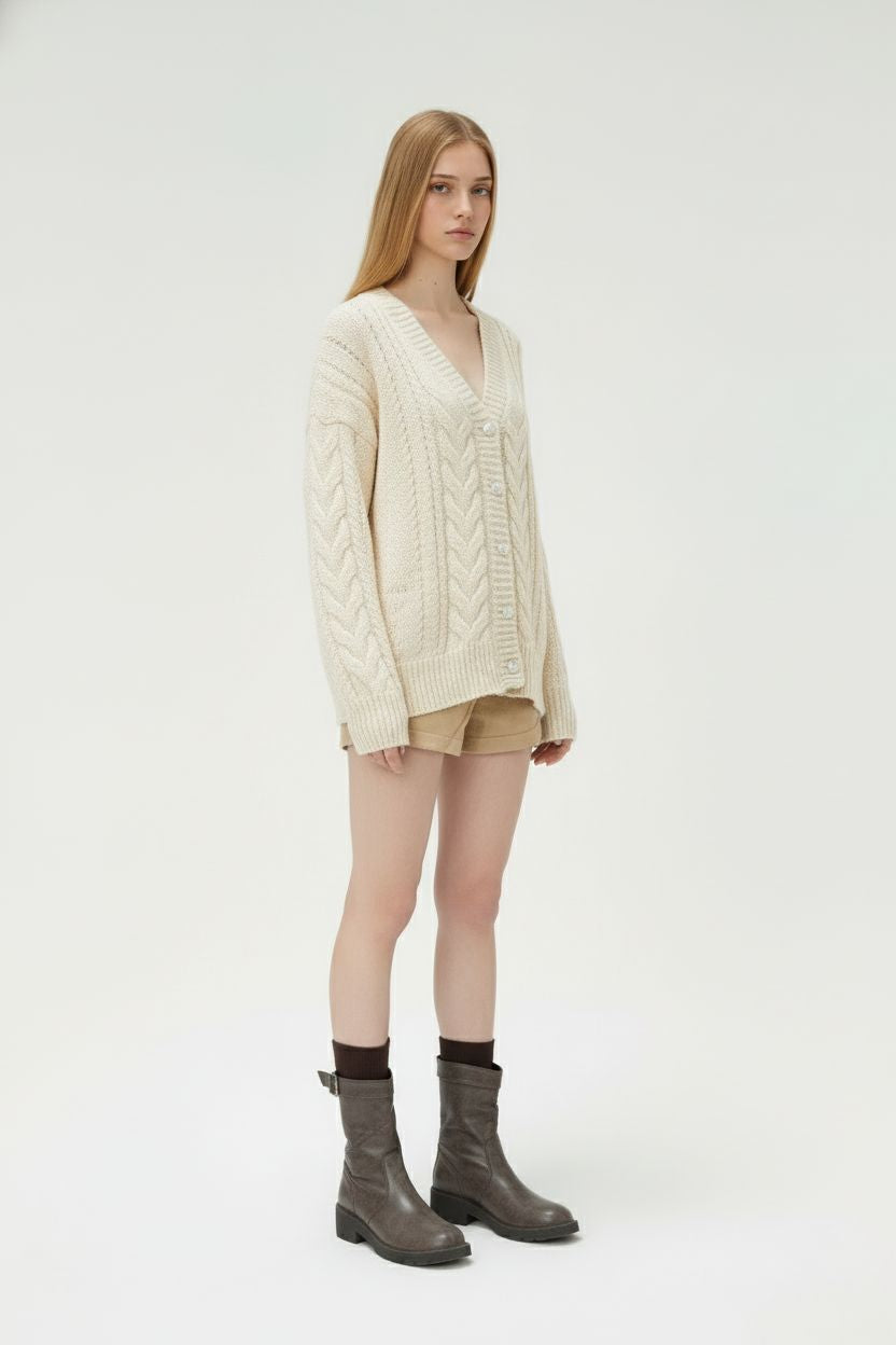 Loose Cable Knit Cardigan – Cozy Slouchy Fit